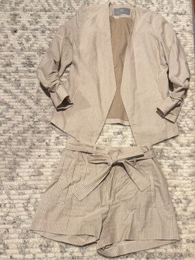Tart Collection Tan White Striped Blazer Shirt Set Cotton Linen Blend